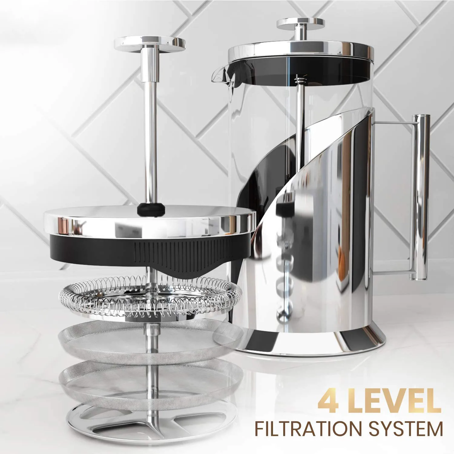 Heat Resistant Glass Coffee Maker with 4 Level Filtration System Stainless Steel French Press