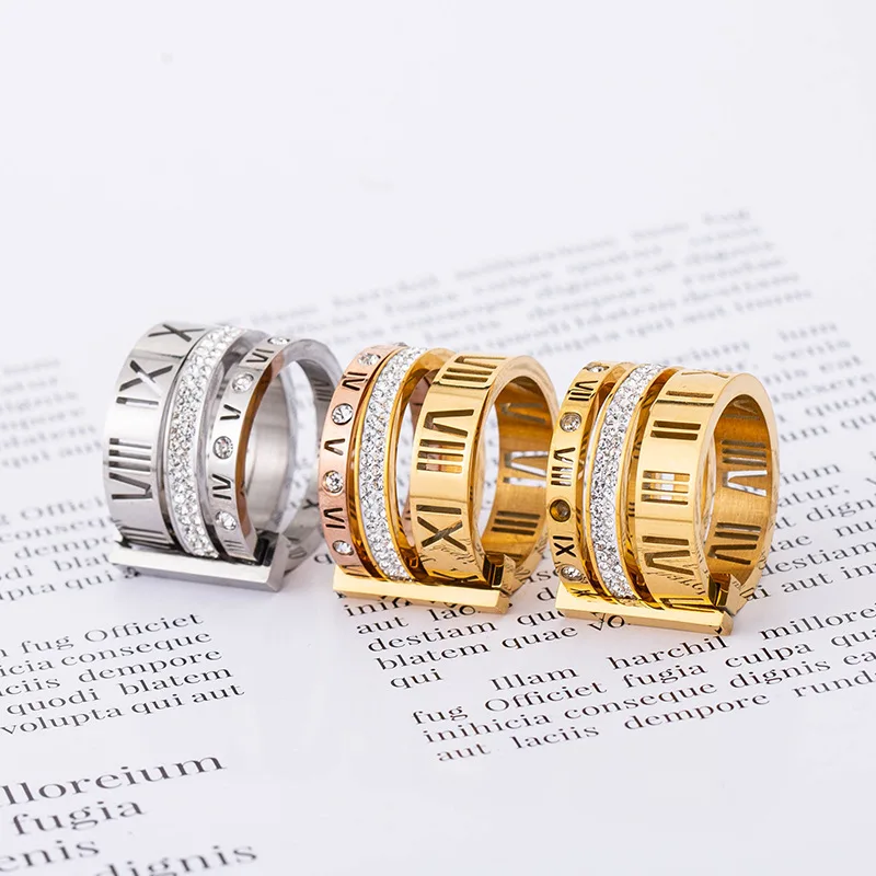 Trends Retro Exaggeration Stainless Steel Rings, Ladies Stone Rome Digital Plated 18K Gold Jewelry