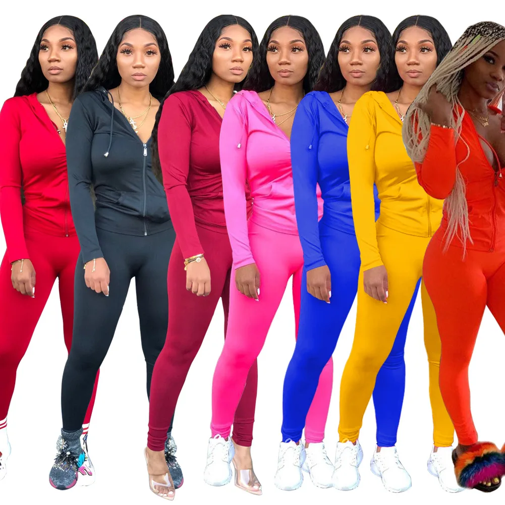 
2021 New Arrivals Plus Size Women Hooded Drawstring Long Sleeve Jacket Slim Pants 2 Pieces Set Solid Outfits Fitness Tracksuit 