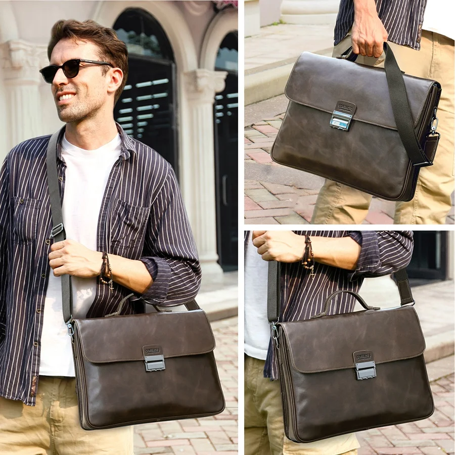 Combination Lock Lawyer Handbag Vegetable Tanned Italian Leather Briefcase for Laptop 16 inch
