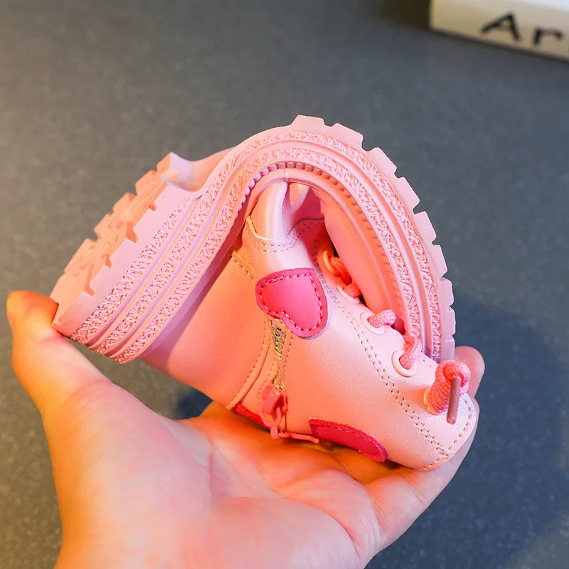 Children Heart Print  Shoes Autumn and Winter New Girls Soft Sole Versatile High Sleeve Martin Boots Little Princess Style Shoes
