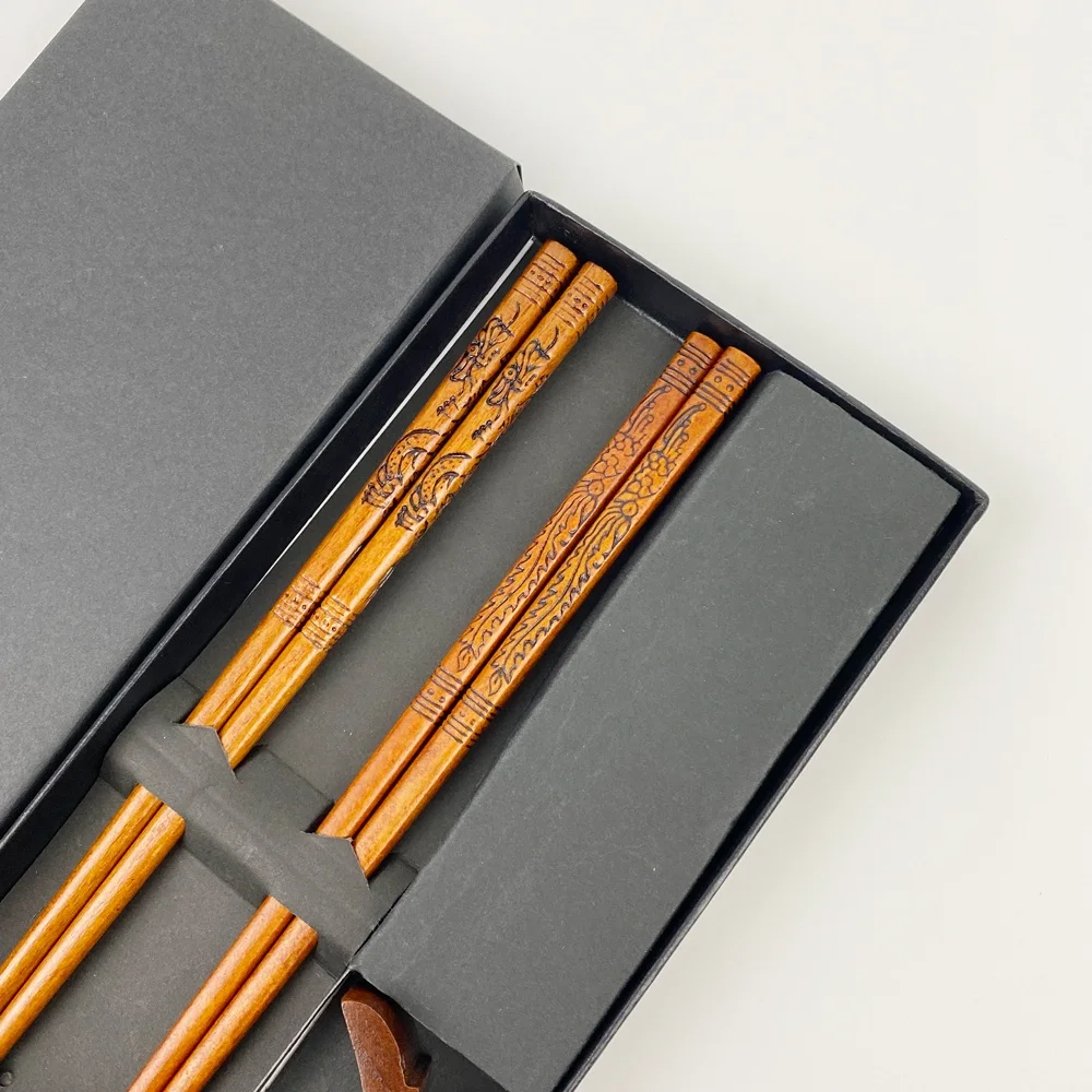 Vintage Chinese Dragon and Phoenix Pattern Natural Wood Chopsticks Couple Chopstick Set