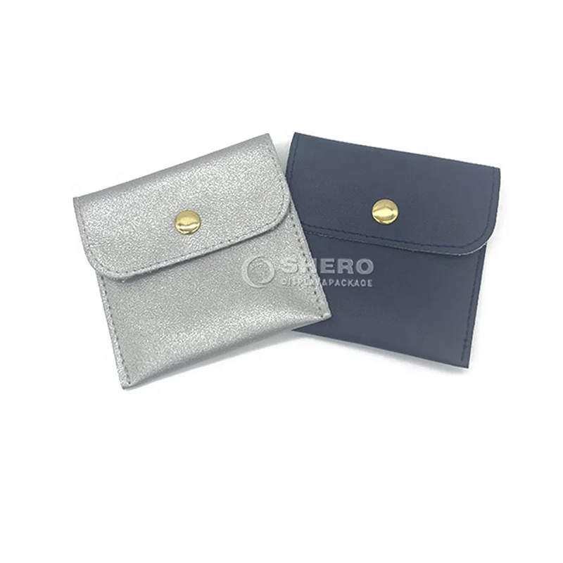 PU Leather Jewelry Pouch With Debossed Logo Envelope PU Jewelry Packaging Button Flat Bag Jewellery Pouches Custom