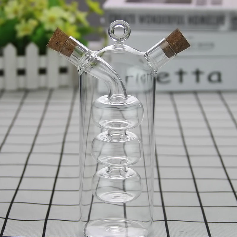 56H Wholesale Oil and Vinegar Dispenser 2 in 1 Glass Cruet With Cork Stopper For Kitchen Soy Sauce Vinegar Bottle