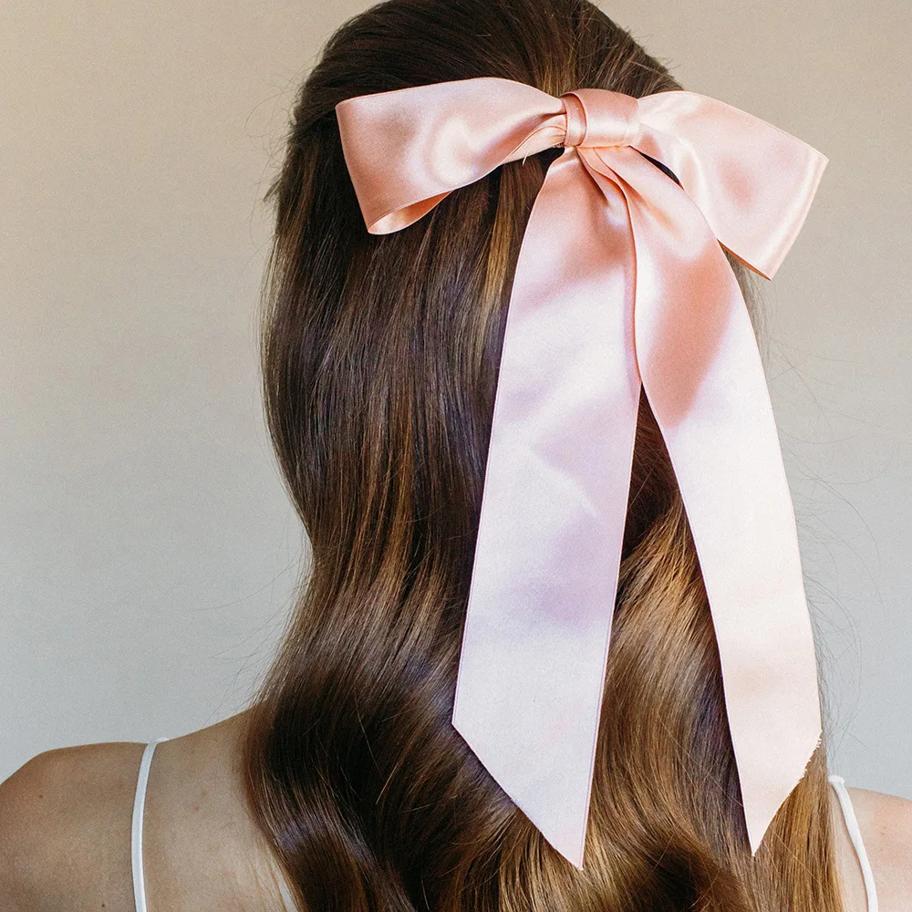 Custom Bow Hair Clip Double-Layer Long Ribbon Big Bow 100% Pure Silk Bow Hair Pin For Women Girls Ponytail