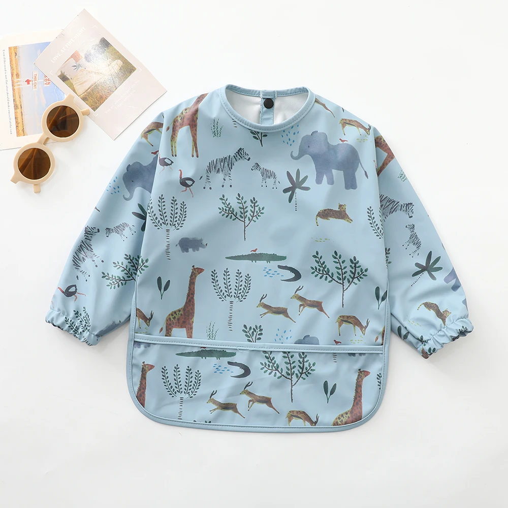 2022 New Arrival Eco Friendly Waterproof Baby Eating Bibs Baby Long Sleeved Feeding Apron Smock Bib With Pocket