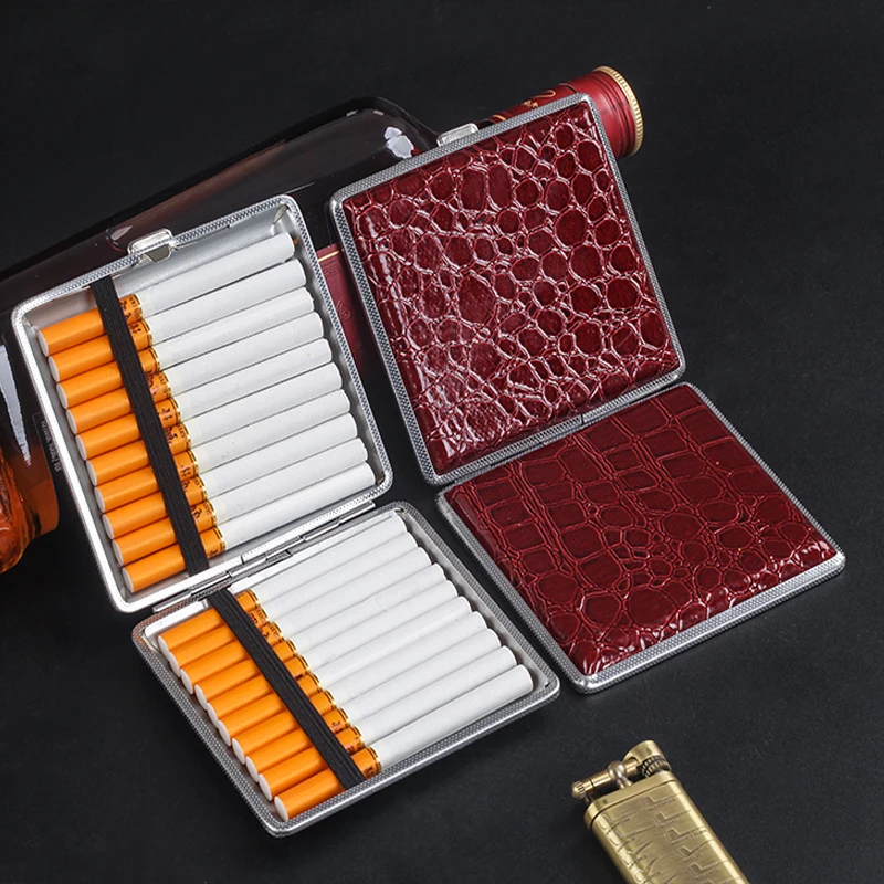 Cigarette Box Wholesale Trendy Reusable PU Leather +Metal 20PCS Capacity Cigarette Case Portable Cigarette Box For Men