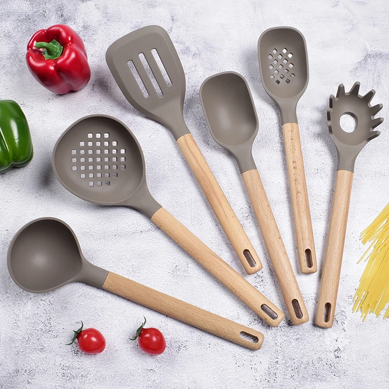 6Pcs Wholesale Kitchen Utensils Silicone Set Heat Resistance Turner, Spoon, Spaghetti Sever Strainer