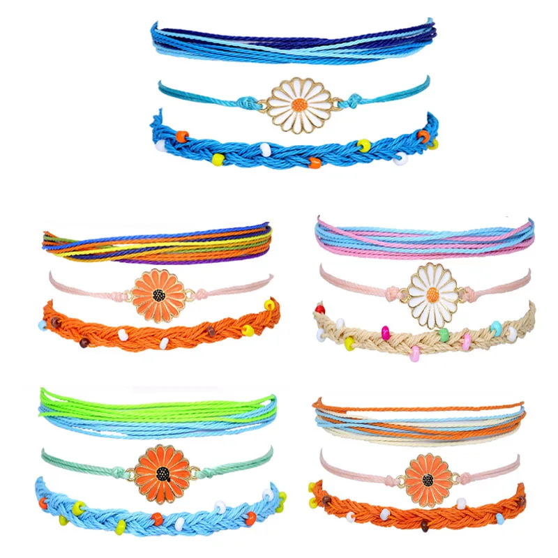 Bohemian style waterproof wax thread handwoven bracelet alloy chrysanthemum beaded bracelet set
