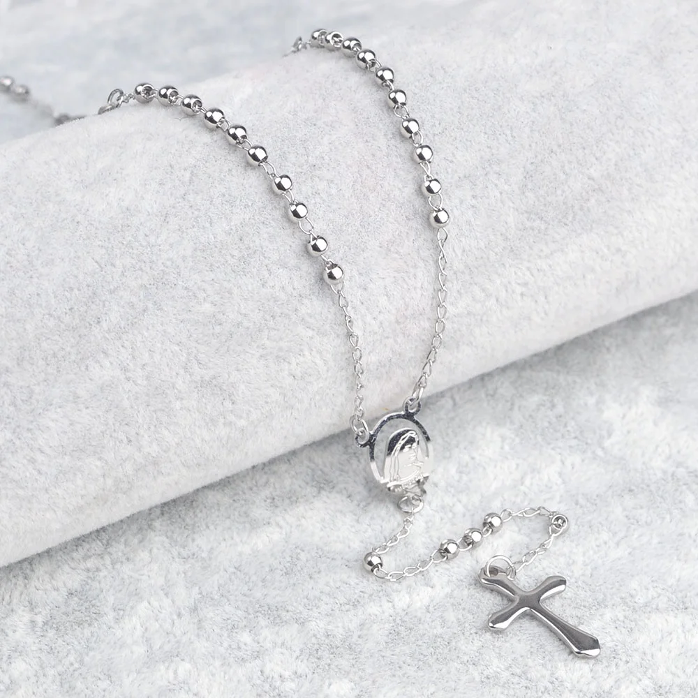 Catholic Prayers Stainless Steel with Virgin Mary Engraved Religious Women Necklace Rosary