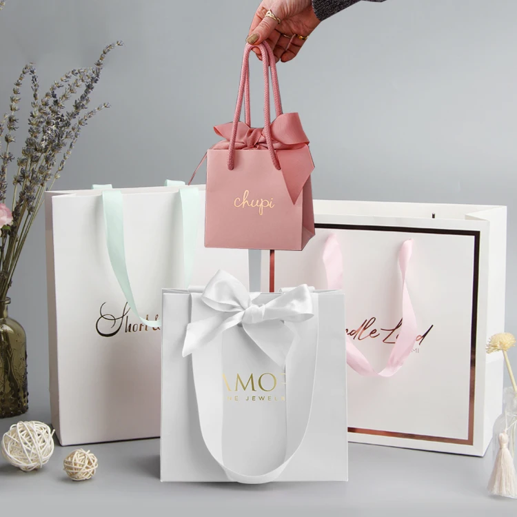  Custom Logo Printing Luxury Small Pink White Fashion Shopping Retail Gift Paper Bags With Ribbon
