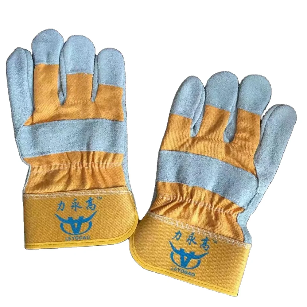 Western style yellow construction working full palm cowhide  safety work leather gloves for man women
