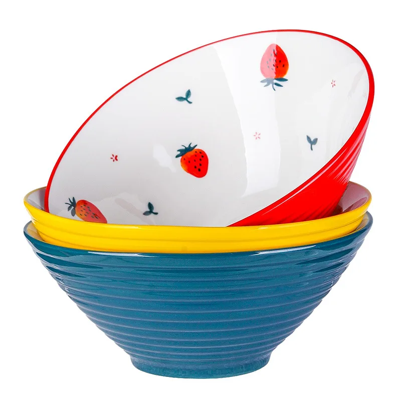 Bright Colorful Strawberry Inside Printing Ceramic Soup Noodle Bowl