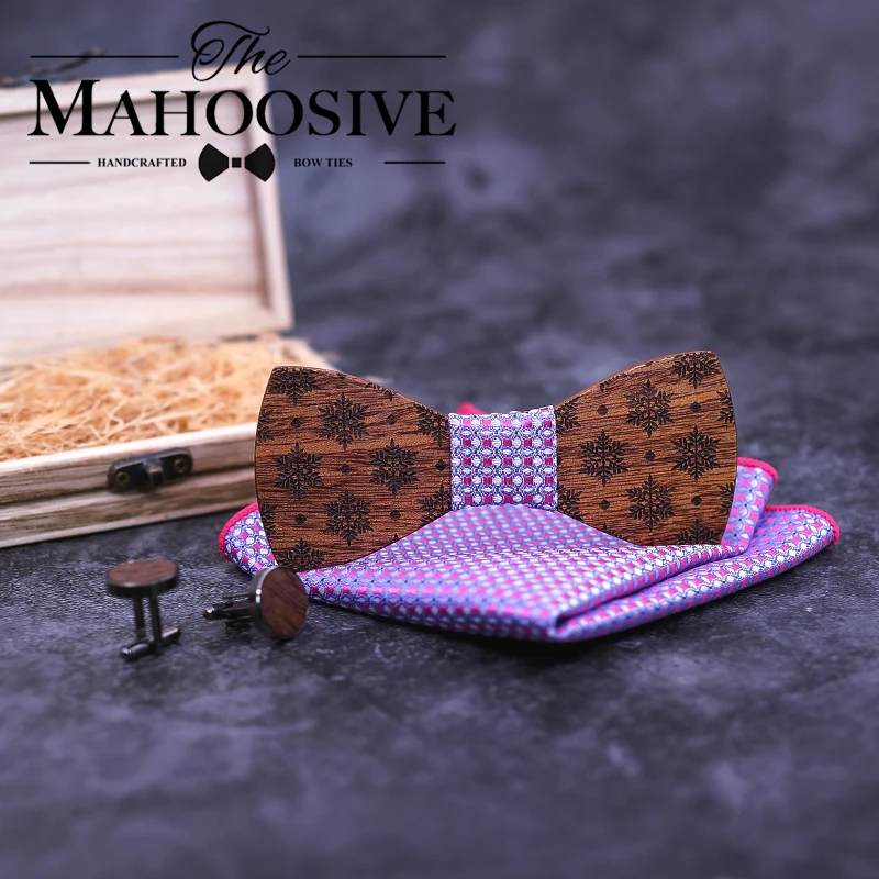 Christmas snowflake Wooden Bow tie Handkerchief Cufflinks Sets for Mens Wood Bowtie Purple Bow Tie Bowknots Cravat wood box