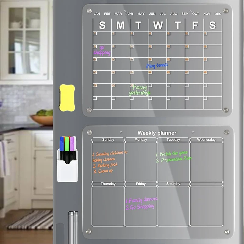 Magnetic Plastic Dry Erase Planning Calendar Clear Acrylic Monthly Calendar for Fridge Magnetic Weekly Planner Whiteboard