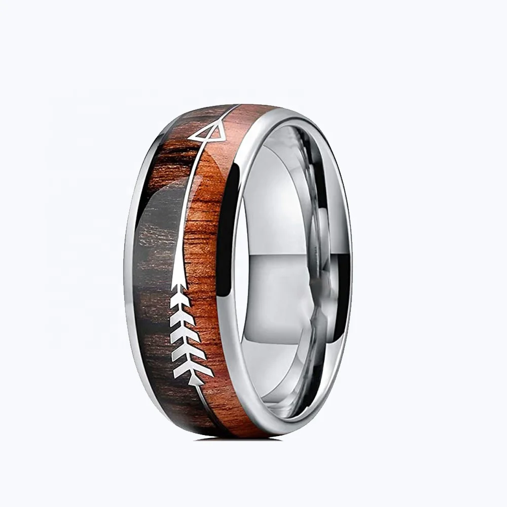 POYA Black Domed Wedding Band 8mm Mens Crushed Fire Opal Abalone Shell Koa Wood Inlay Tungsten Ring