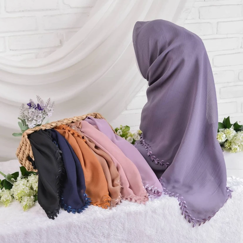 Muslim elegant scollop embroidery hijab premium korea chiffon sulam hijab shawls hijab scarves for women