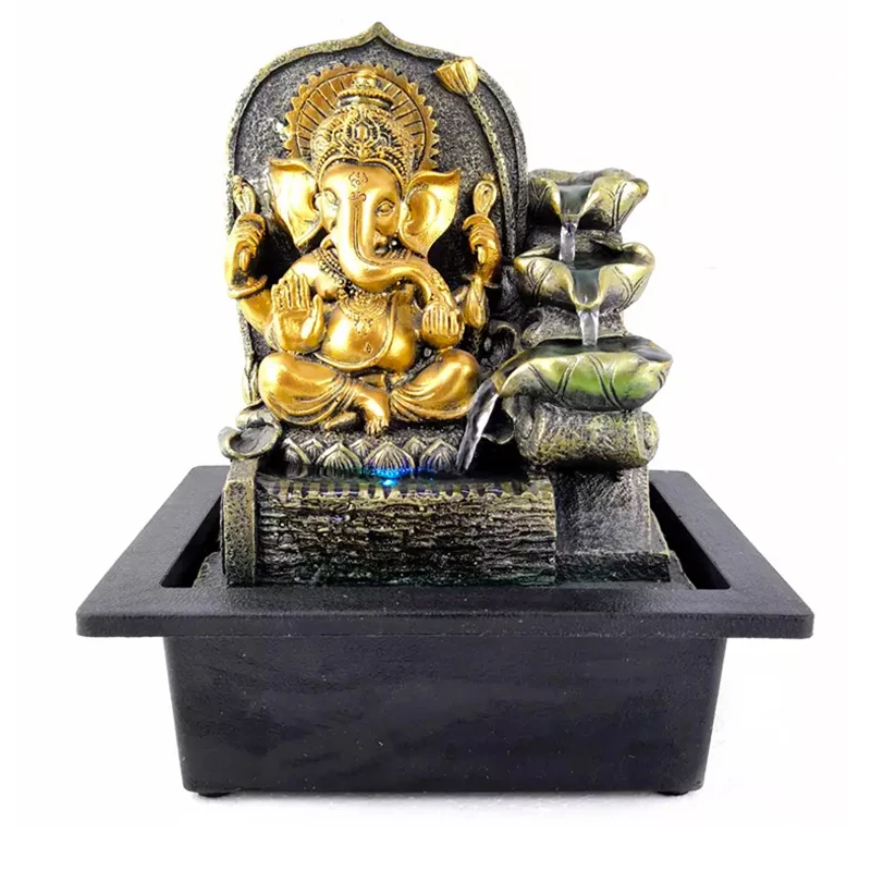 Home Office Desktop Hindu ELephant God Water Fountain Meditation Tabletop Resin Ganesha Statue Water Fountain