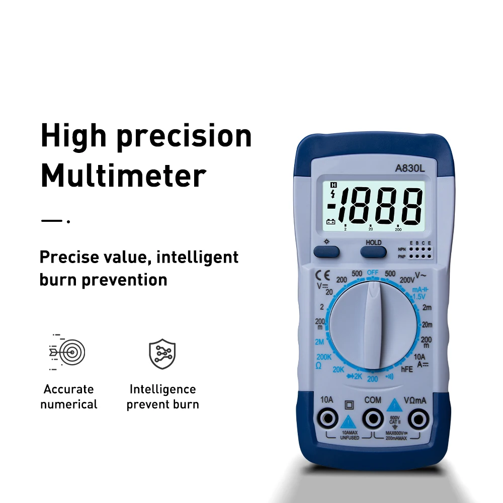 LCD Digital Multimeter AC DC Voltage Diode Freguency Multitester Current Tester Luminous Display with Buzzer Function A830L