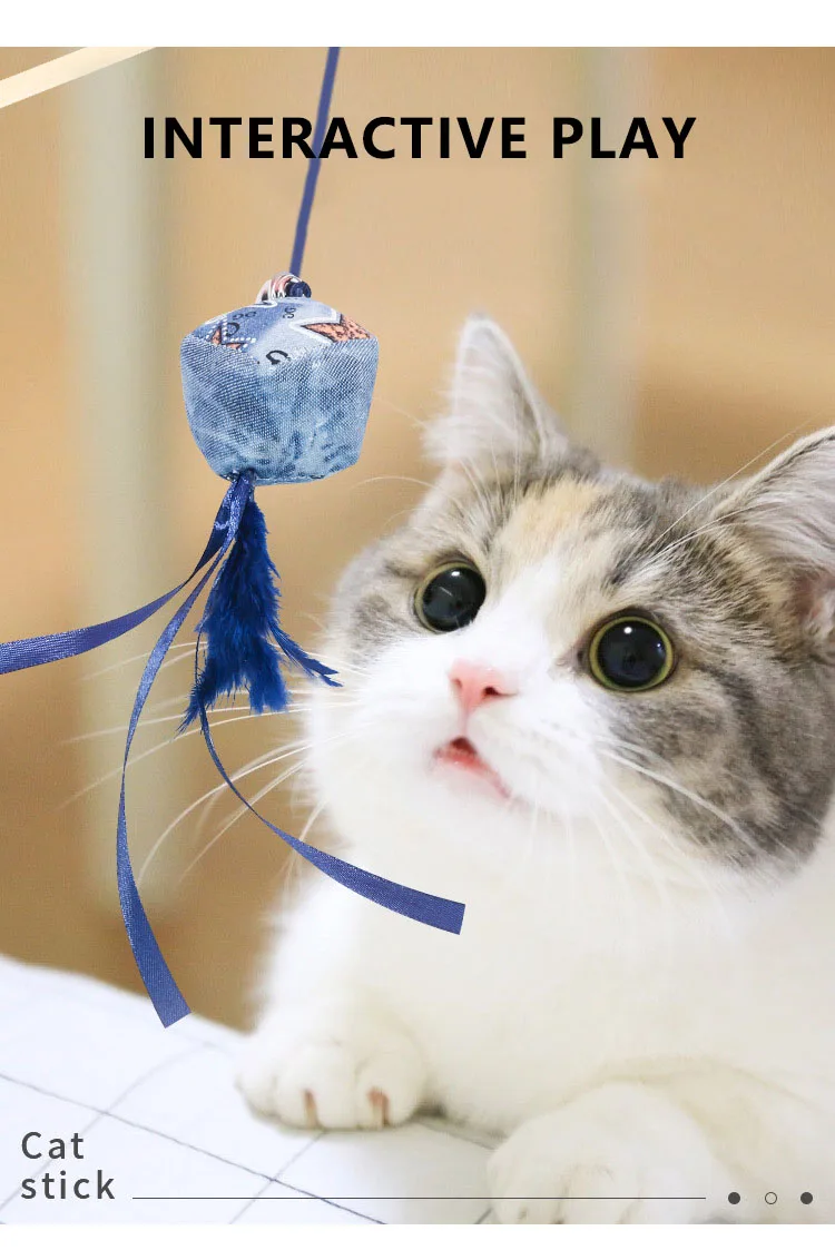 Blue feather bell wooden rod teasing cat stick pet interactive movement toys