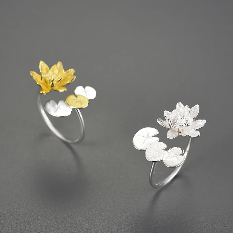 Trendy Jewelry 2023 Gold Plated Water Lily Flower Adjustable Rings Sterling Silver For Women