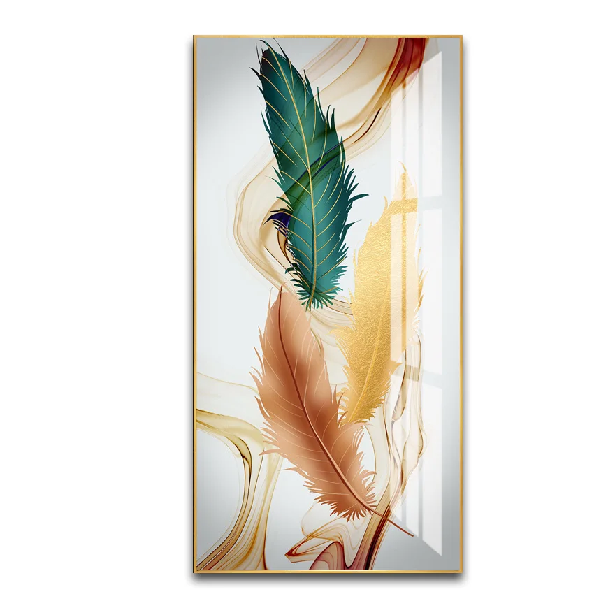 Wholesale Framed Wall Art Premium Feather decorative picture Artwork Crystal Porcelain Painting For Living Room