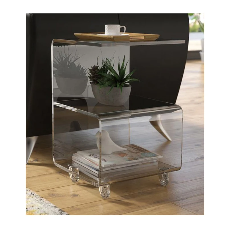 G Shaped Clear Acrylic Side Table with Wheels Lucite Storage G Coffee Table on Wheels Clear Sofa Snack End Table with Rollers