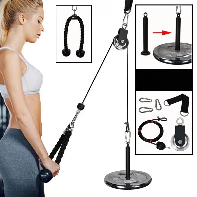 Fitness Lat And Lift Pulley System With Loading Pin Tricep Strap Bar Cable Rope Machine For Muscle Strength