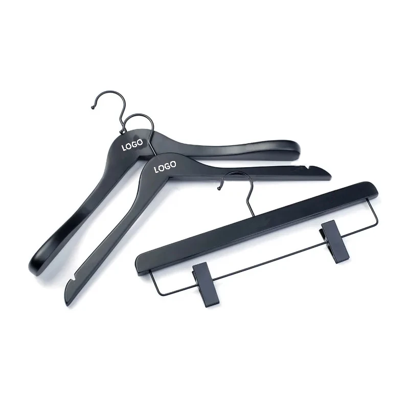 customized color wooden Clothing Hanger Custom LOGO Matt Black Wooden Brand Coat Suit Hangers for Clothes