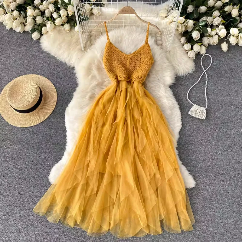Irregular Mesh Long Dress Women High Waist Slimming Elegant V-neck Dress Female Straps Seaside Vacation Beach Dress