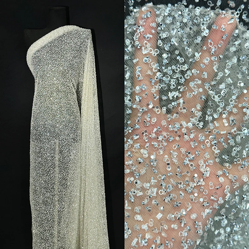 Manufacturer wholesale african french glitter tulle luxury lace trim mesh fabric wholesale for wedding evening dress beaded lace