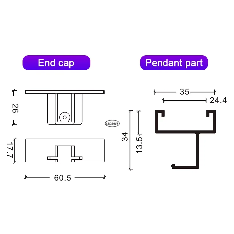 LEDEAST T025 Aluminum Track Rail Bar Widen Suspension 2 Wires Single Phase Track Line for track lighting