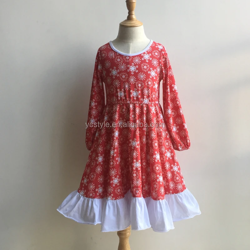 Christmas Kids Wear Clothing Red Casual Ruffle Dress Cotton Fabic Long Sleeve Baby Girls Snowflake Dresses