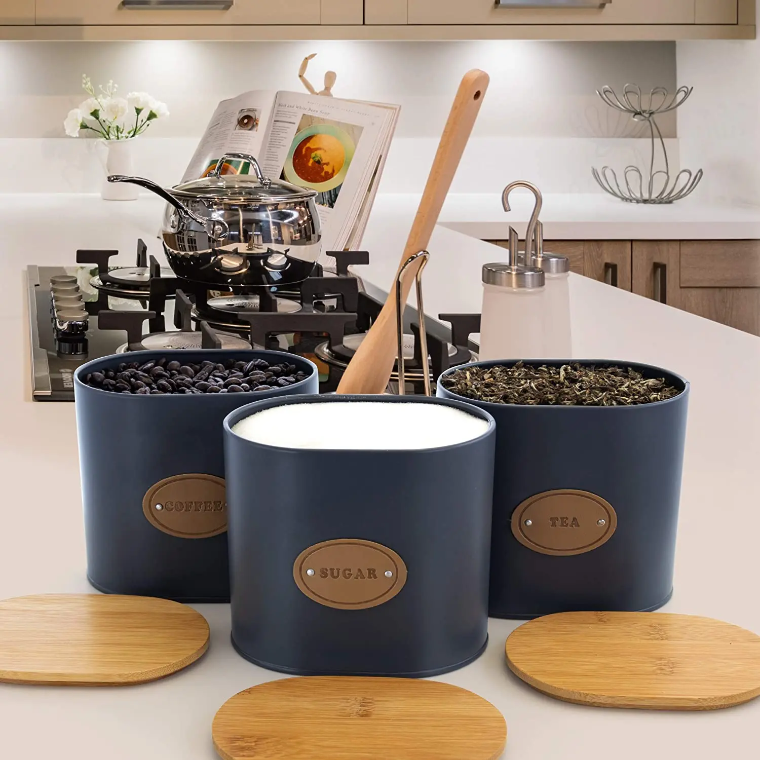 Professional Kitchen Metal Tea Coffee Sugar Biscuits Bread Storage Copper Tag Canister Tin Set of 5