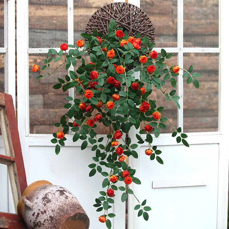 SYZ061 full blossom plastic green vines with silk roses for wedding hall decoration