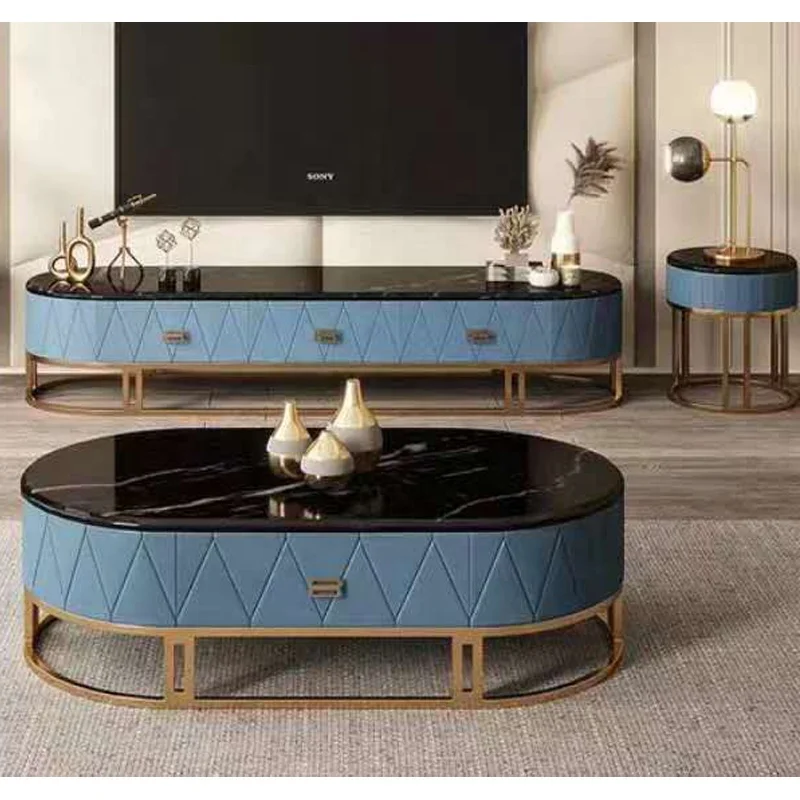 Modern Simple Style Ellipse Black Marble Top Stainless Steel Blue Coffee Table for Living Room