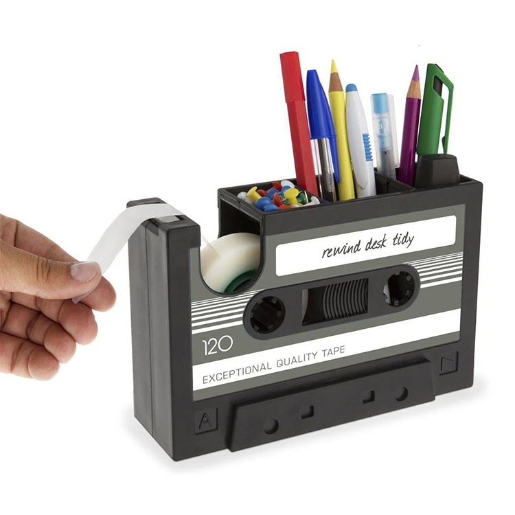 B2C Pencil Holder Funny Desktop Office Desk Organizer Plastic Display Acrylic Retro Cassette Tape Dispenser Pen Holder For Desk