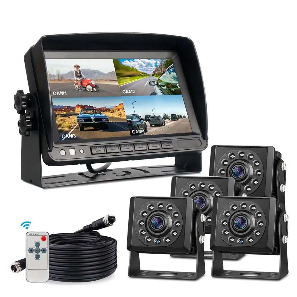 
High quality Truck Backup Wired Camera 4pin connector cables and Rear View Truck & Bus 7 inch Quad Monitor 