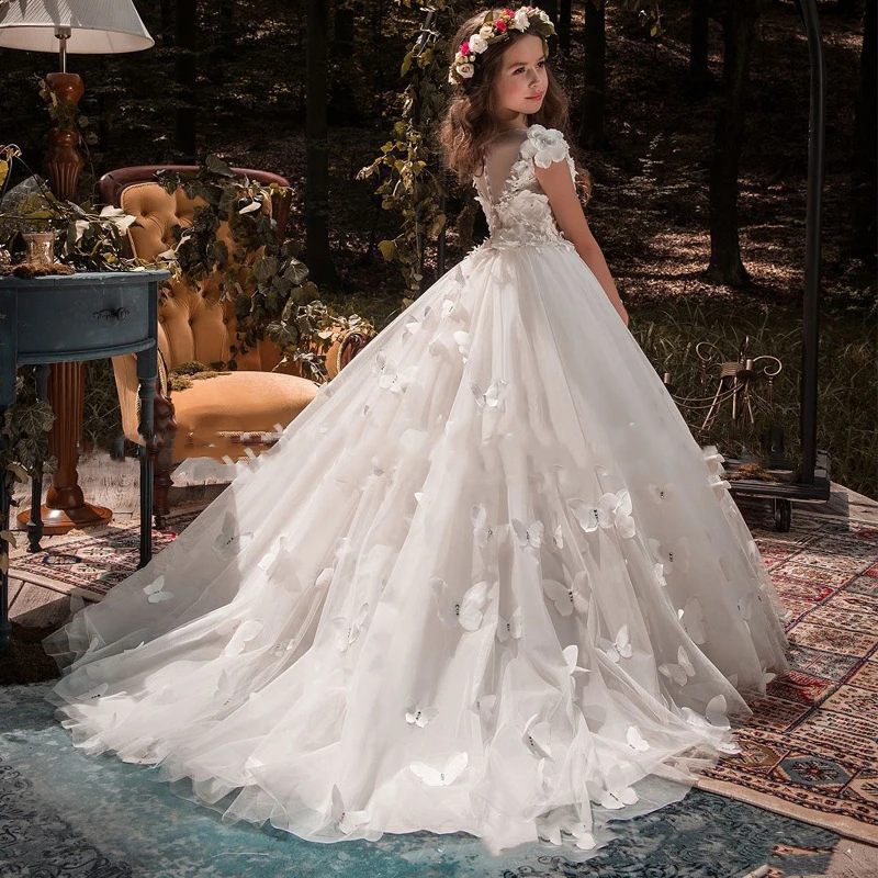 Princess Girls Taildress White Short Sleeve Flower Girls Wedding Dress Party Performance Wear Dresses For 14Years Girl