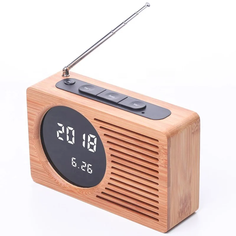 KH-WC013 Natural Bamboo LED Desk Table Retro Digital FM Alarm Clock Radio for Promotion Gift