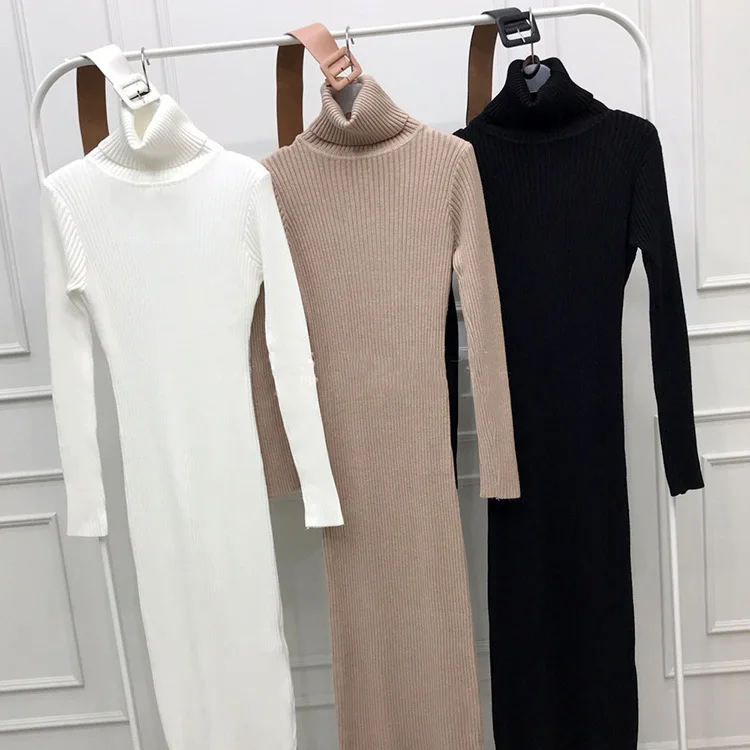 Autumn and winter women slim bodycon knit dresses winter knitted sweater dresses white knitted long dresses