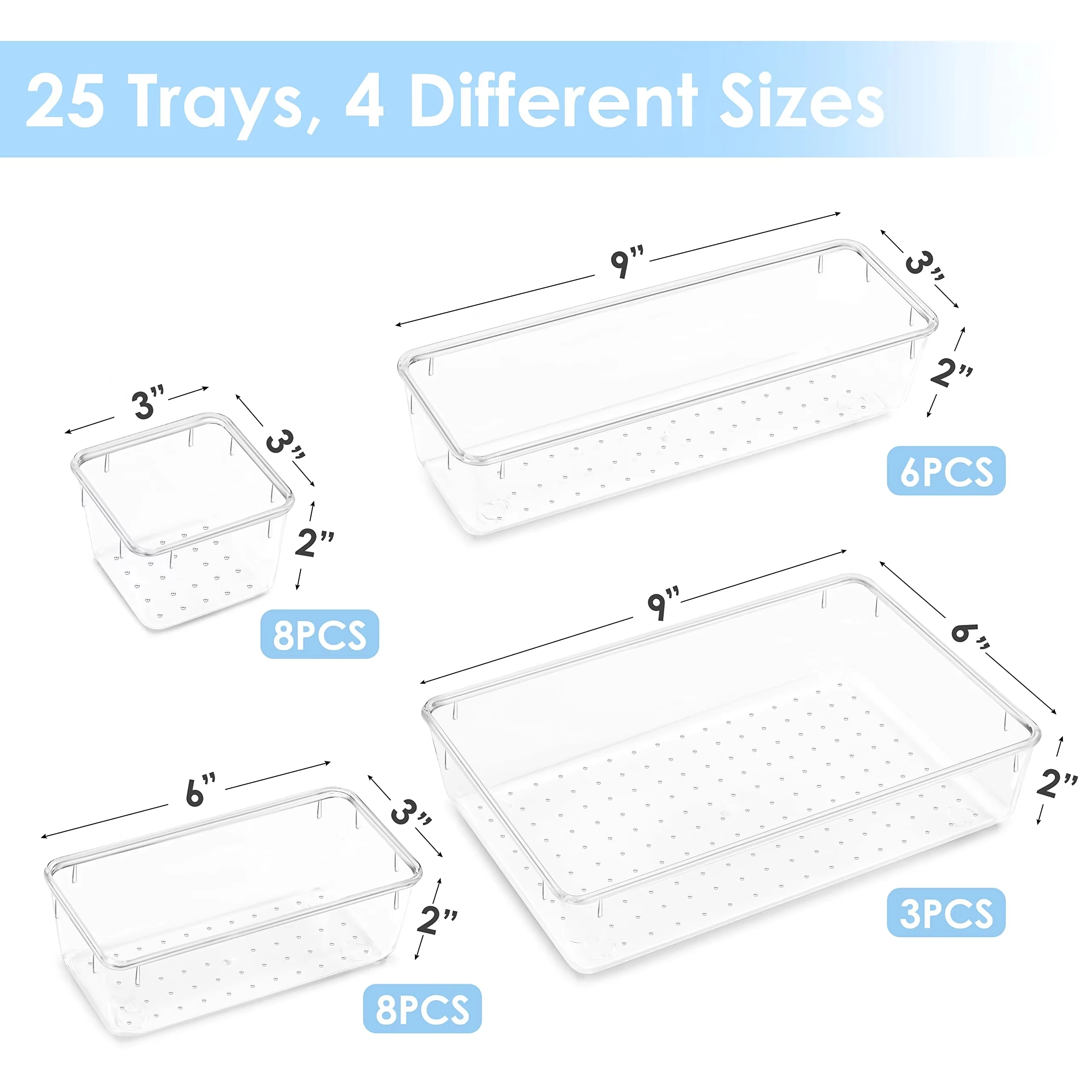 25 Pack Transparent Clear Acrylic Plastic Bin Storage Drawers Desk Drawer Organizers for Kitchen Bedroom Office Makeup Jewelries