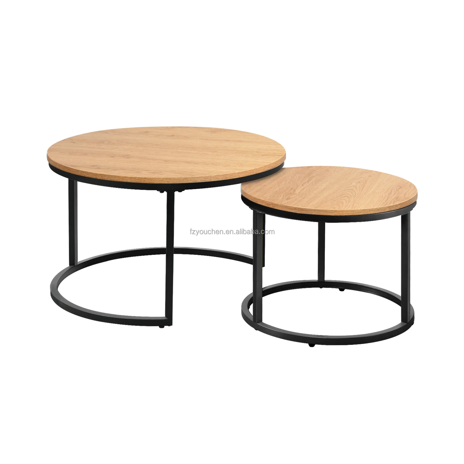 Reclaimed Oak Round Modern Nesting Coffee Set of 2 Living Room Accent Tables with Tabletops and Matte Metal Frame