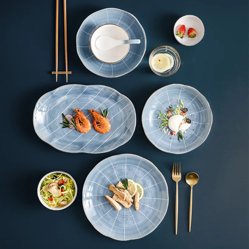 ins gold rim striped line glaze gradient household soup bowl plate ceramic dinnerware sets