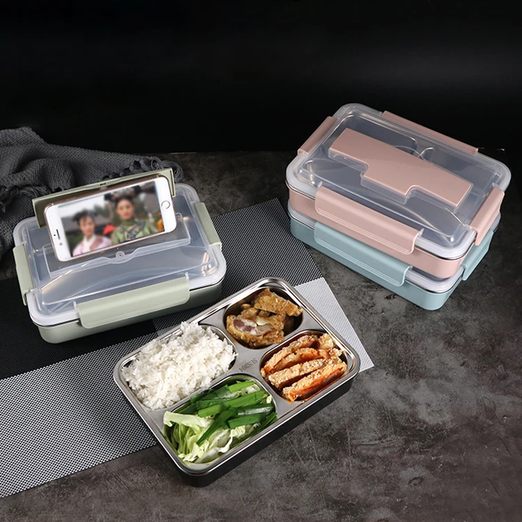 3 4 compartments food container 304 stainless steel metal bento lunch box with cutlery