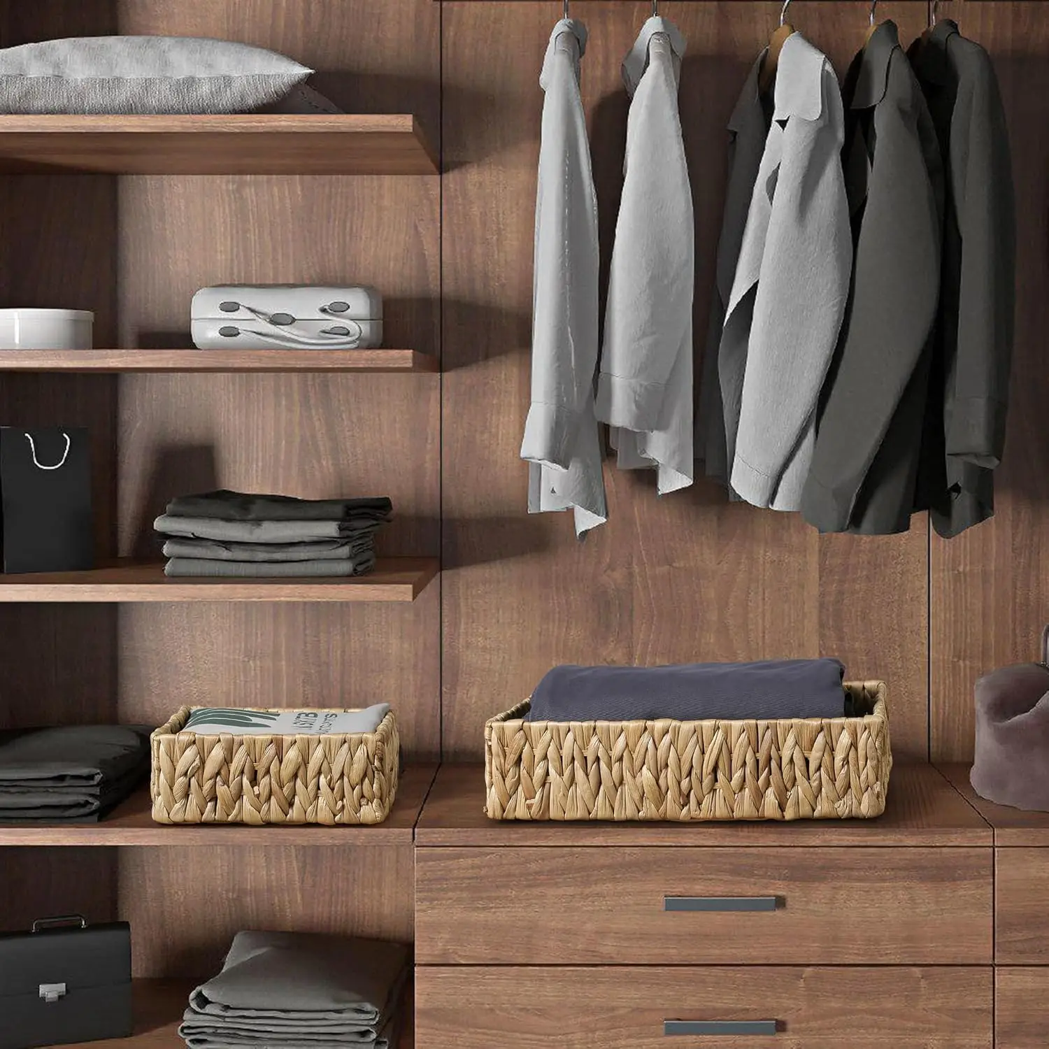 Wicker Basket Water Hyacinth Handwoven Baskets for Bathroom Organizing Towel Storage Baskets with Faux Leather Handles