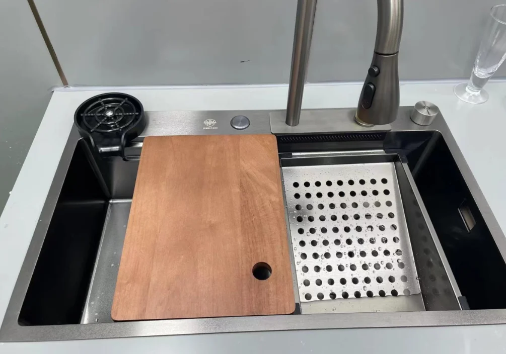 Household black 304 stainless steel kitchen waterfall sink large single slot vegetable washing basin sink