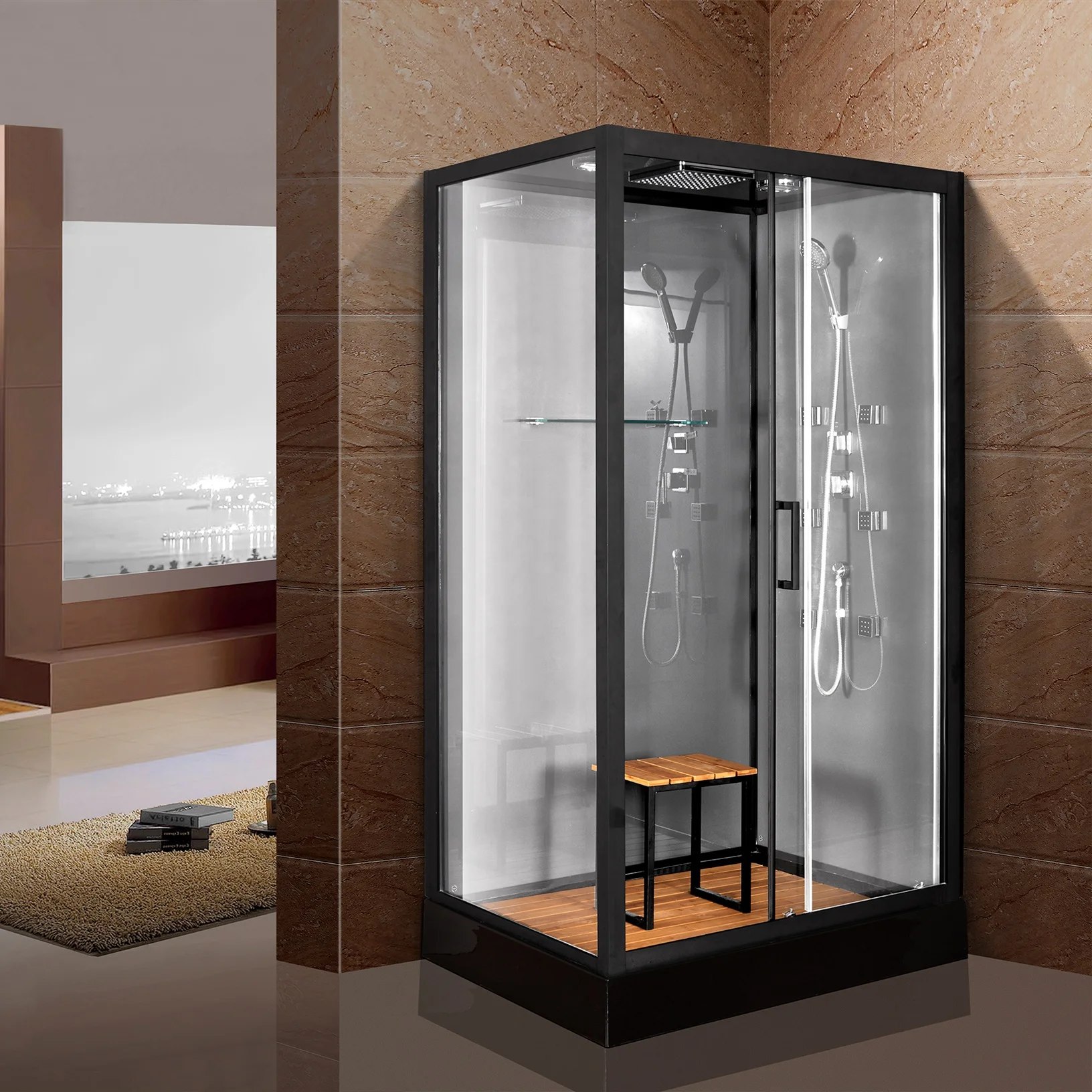 Bathroom China luxury black aluminium profile 90x90 bath steam cubicle shower room cabin with sliding door