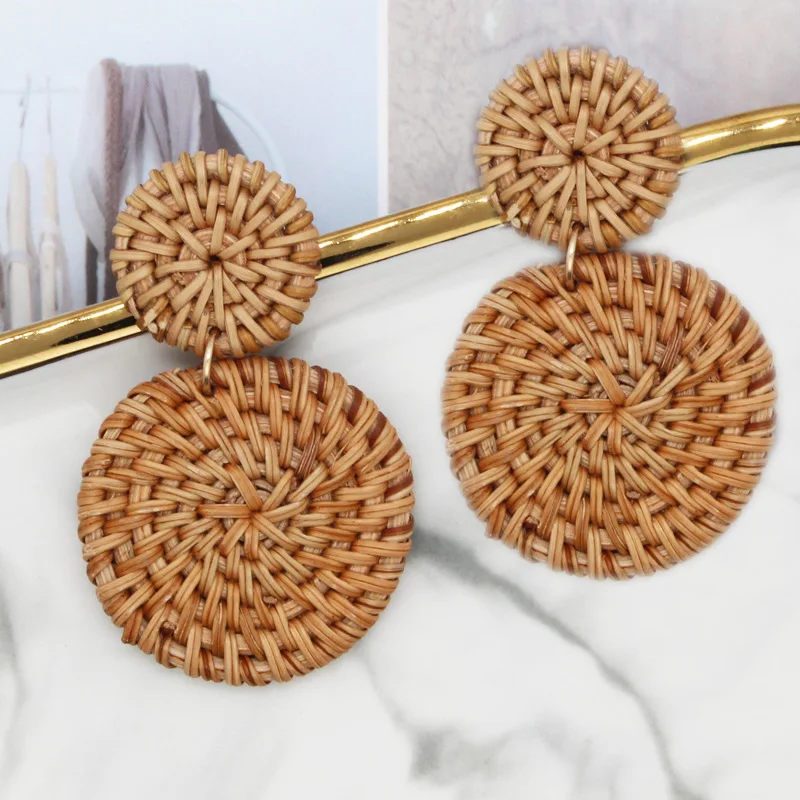 
2019 New Korea Handmade Wooden Straw Woven Rattan Vine Braid Geometric Large Circle Square Long Drop Earrings For Women Girl 