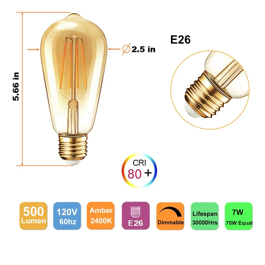 ST64 AC85-265V 6W/8W E27 Led Filament Bulb Indoor Lighting Vintage filament LED